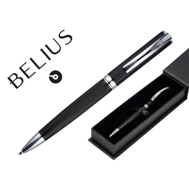 BOLIGRAFO BELIUS TURBO ALUMINIO TEXTURA PUNTEADA COLOR NEGRO Y PLATEADO TINTA AZUL CAJA DE DISEÑO