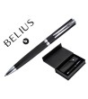 BOLIGRAFO Y ESTUCHE BELIUS TURBO ALUMINIO TEXTURA PUNTEADA NEGRO Y PLATEADO TINTA AZUL CAJA DE DISEÑO