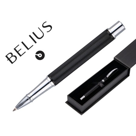 ROLLER BELIUS TURBO ALUMINIO TEXTURA PUNTEADA COLOR NEGRO Y PLATEADO TINTA AZUL CAJA DE DISEÑO