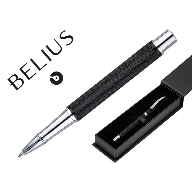 ROLLER BELIUS TURBO ALUMINIO TEXTURA PUNTEADA COLOR NEGRO Y PLATEADO TINTA AZUL CAJA DE DISEÑO