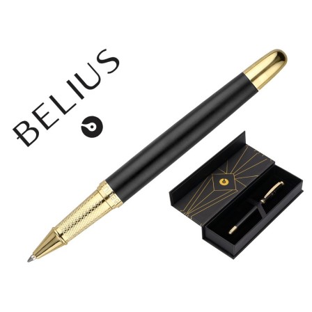 BOLIGRAFO BELIUS SOIREE ALUMINIO COLOR ART DECO NEGRO Y DORADO TINTA AZUL CAJA DE DISEÑO
