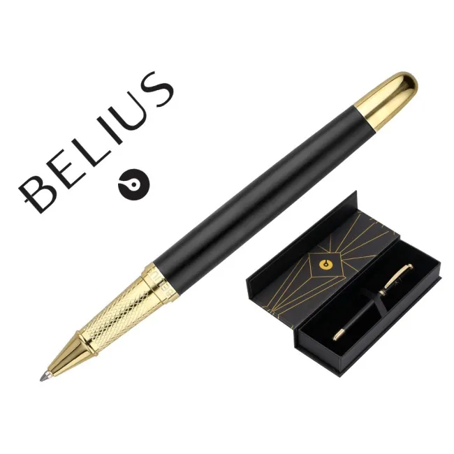 BOLIGRAFO BELIUS SOIREE ALUMINIO COLOR ART DECO NEGRO Y DORADO TINTA AZUL CAJA DE DISEÑO