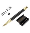 BOLIGRAFO BELIUS SOIREE ALUMINIO COLOR ART DECO NEGRO Y DORADO TINTA AZUL CAJA DE DISEÑO