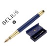 PLUMA BELIUS SOIREE ALUMINIO COLOR ART DECO AZUL MARINO Y DORADO TINTA AZUL CAJA DE DISEÑO