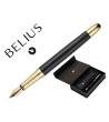 PLUMA Y ESTUCHE BELIUS SOIREE COLOR ART DECO NEGRO Y DORADO TINTA AZUL CAJA DE DISEÑO