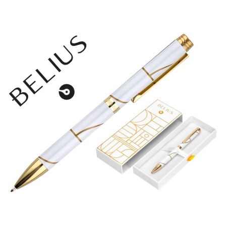 BOLIGRAFO BELIUS CARTE BLANCHE COLOR Y BLANCO DORADO TINTA AZUL CAJA DE DISEÑO