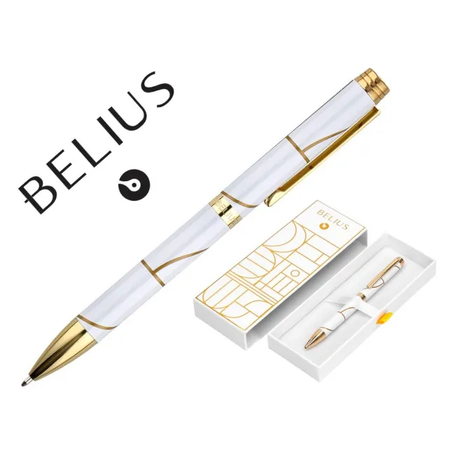 BOLIGRAFO BELIUS CARTE BLANCHE COLOR Y BLANCO DORADO TINTA AZUL CAJA DE DISEÑO