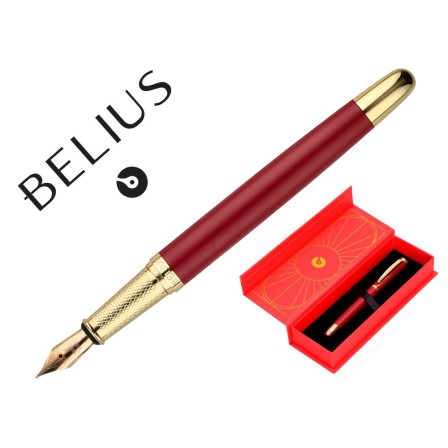 PLUMA BELIUS SOIREE ALUMINIO COLOR ART DECO GRANATE Y DORADO TINTA AZUL CAJA DE DISEÑO