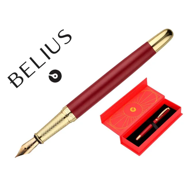 PLUMA BELIUS SOIREE ALUMINIO COLOR ART DECO GRANATE Y DORADO TINTA AZUL CAJA DE DISEÑO