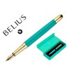 PLUMA BELIUS SOIREE ALUMINIO COLOR ART DECO TURQUESA Y DORADO TINTA AZUL CAJA DE DISEÑO