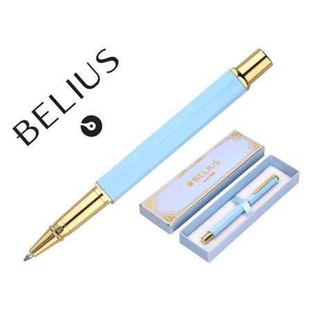 BOLIGRAFO BELIUS MACARON BLISS FORMA HEXAGONAL COLOR CELESTE Y DORADO TINTA AZUL CAJA DE DISEÑO
