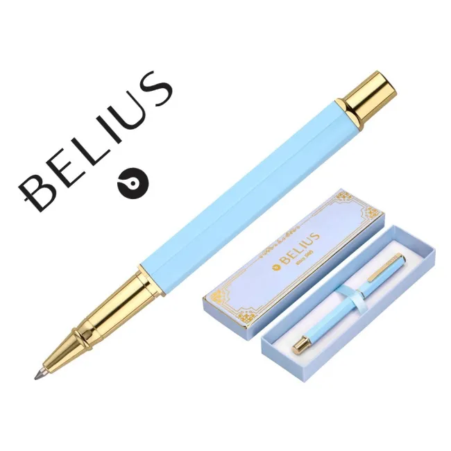BOLIGRAFO BELIUS MACARON BLISS FORMA HEXAGONAL COLOR CELESTE Y DORADO TINTA AZUL CAJA DE DISEÑO
