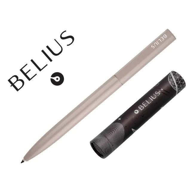 BOLIGRAFO BELIUS ROCKET B ALUMINIO COLOR MINIMALISTA GRIS TINTA AZUL CAJA CILINDRICA