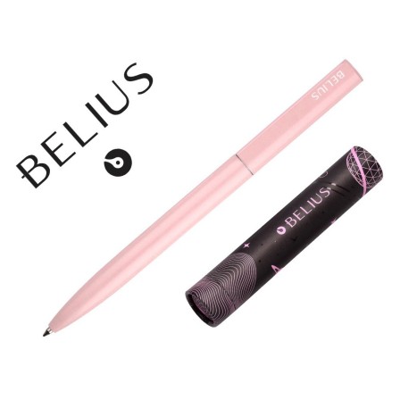 BOLIGRAFO BELIUS ROCKET B ALUMINIO COLOR MINIMALISTA ROSA TINTA AZUL CAJA CILINDRICA