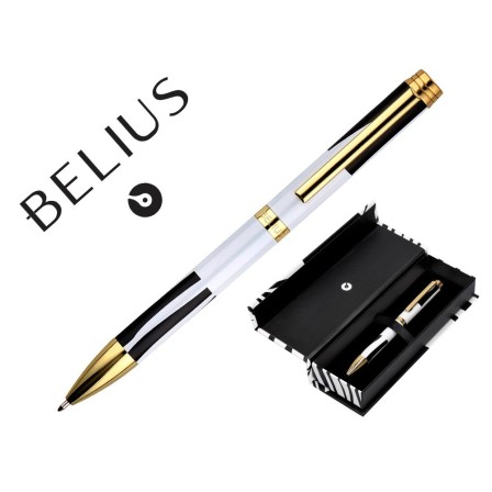 BOLIGRAFO BELIUS DUALITA CUERPO BLANCO COLOR NEGRO TINTA AZUL CAJA DE DISEÑO