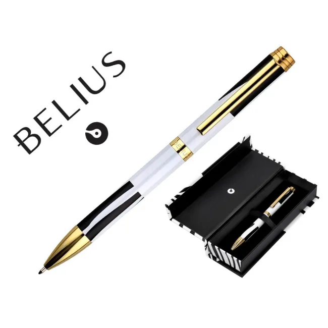 BOLIGRAFO BELIUS DUALITA CUERPO BLANCO COLOR NEGRO TINTA AZUL CAJA DE DISEÑO