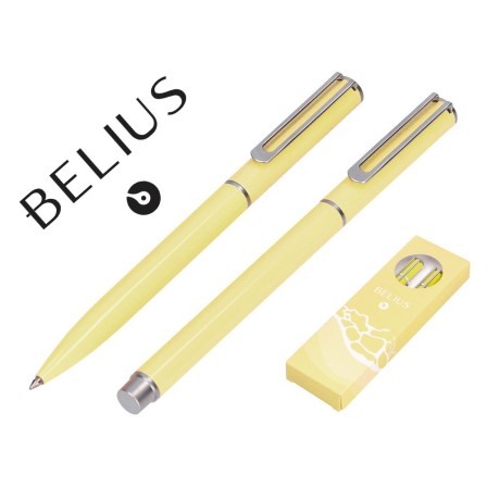JUEGO BOLIGRAFO Y ROLLER BELIUS ENDLESS SUMMER ALUMINIO COLOR AMARILLO Y PLATEADO TINTA AZUL CAJA DE DISEÑO