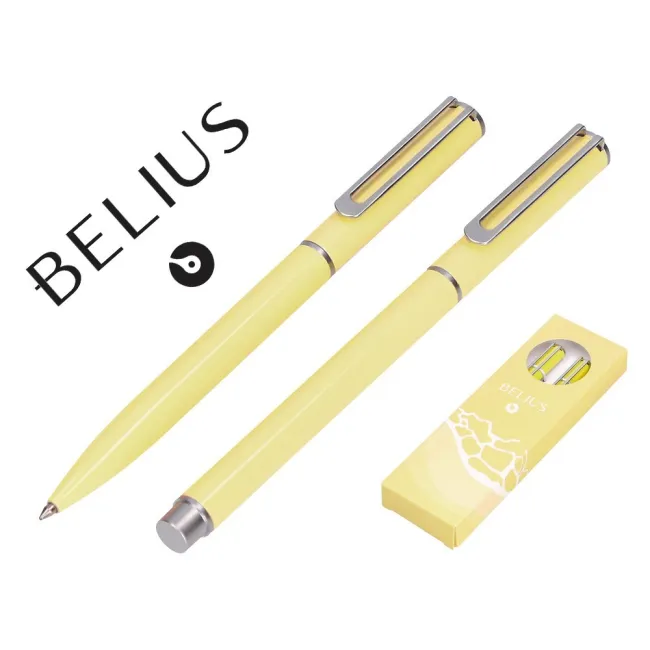 JUEGO BOLIGRAFO Y ROLLER BELIUS ENDLESS SUMMER ALUMINIO COLOR AMARILLO Y PLATEADO TINTA AZUL CAJA DE DISEÑO