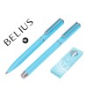 JUEGO BOLIGRAFO Y ROLLER BELIUS ENDLESS SUMMER ALUMINIO COLOR CELESTE Y PLATEADO TINTA AZUL CAJA DE DISEÑO