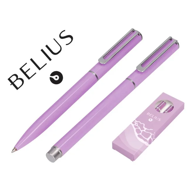 JUEGO BOLIGRAFO Y ROLLER BELIUS ENDLESS SUMMER ALUMINIO COLOR MORADO Y PLATEADO TINTA AZUL CAJA DE DISEÑO