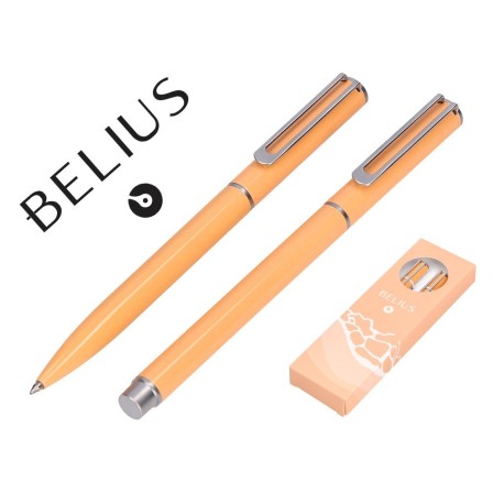 JUEGO BOLIGRAFO Y ROLLER BELIUS ENDLESS SUMMER ALUMINIO COLOR NARANJA Y PLATEADO TINTA AZUL CAJA DE DISEÑO