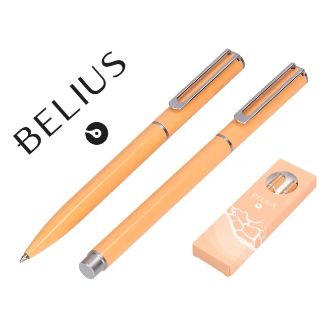 JUEGO BOLIGRAFO Y ROLLER BELIUS ENDLESS SUMMER ALUMINIO COLOR NARANJA Y PLATEADO TINTA AZUL CAJA DE DISEÑO