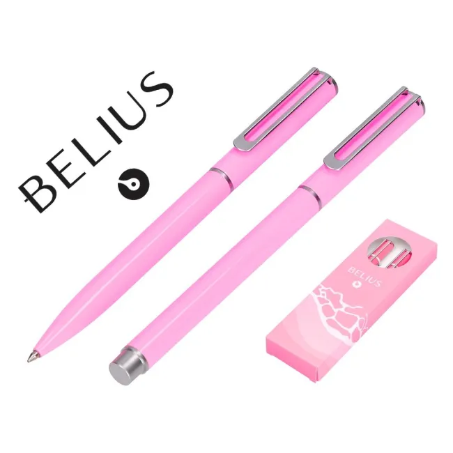 JUEGO BOLIGRAFO Y ROLLER BELIUS ENDLESS SUMMER ALUMINIO COLOR ROSA Y PLATEADO TINTA AZUL CAJA DE DISEÑO