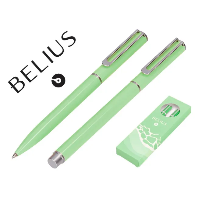 JUEGO BOLIGRAFO Y ROLLER BELIUS ENDLESS SUMMER ALUMINIO COLOR VERDE Y PLATEADO TINTA AZUL CAJA DE DISEÑO