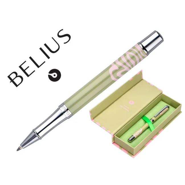 ROLLER BELIUS INK DREAMS ALUMINIO COLOR VERDE MATCHA Y ROSA PLATEADO FRASE INTERIOR TINTA NEGRA CAJA DE DISEÑO