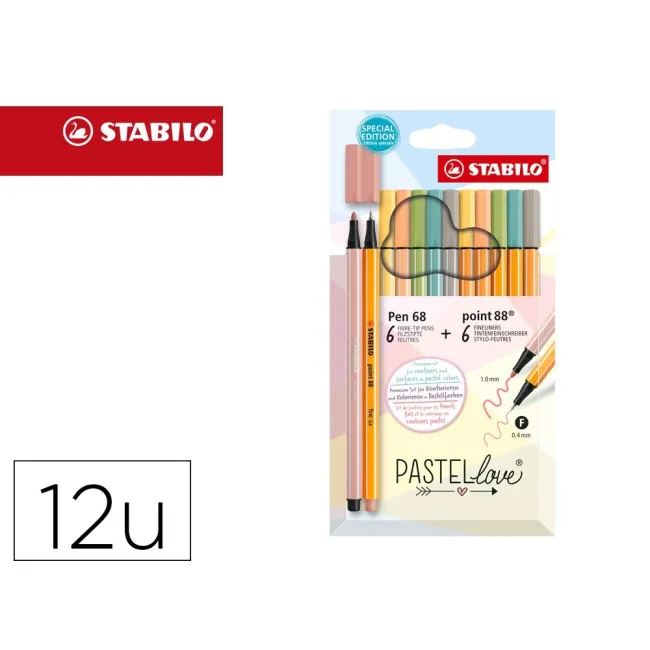 ROTULADOR STABILO PUNTA DE FIBRA POINT 88 + PEN 68 PASTEL LOVE ESTUCHE DE CARTON DE 12 COLORES SURTIDOS