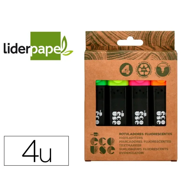 ROTULADOR LIDERPAPEL ECOUSE FLUORESCENTE FABRICADO CON 68% PLASTICO RECICLADO CAJA DE 4 UNIDADES COLORES SURTIDOS