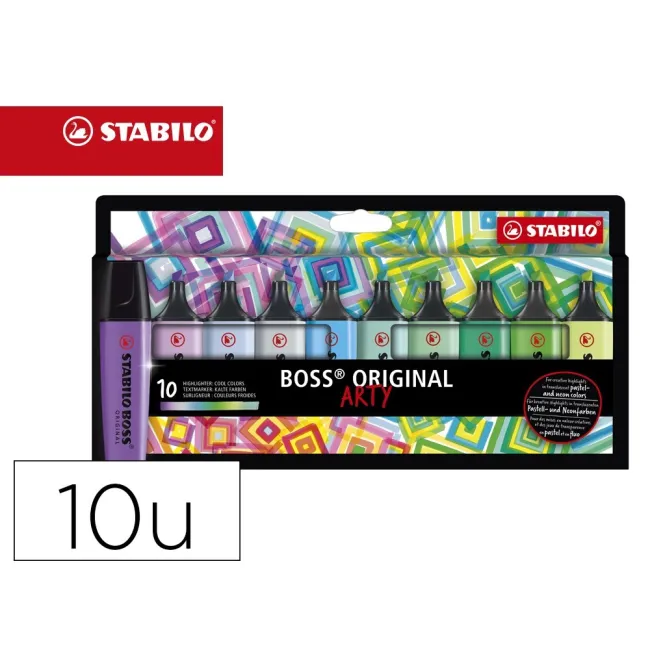 ROTULADOR STABILO BOSS FLUORESCENTE 70 ARTY LINE COLORES FRIOS ESTUCHE CARTON DE 10 UNIDADES COLORES