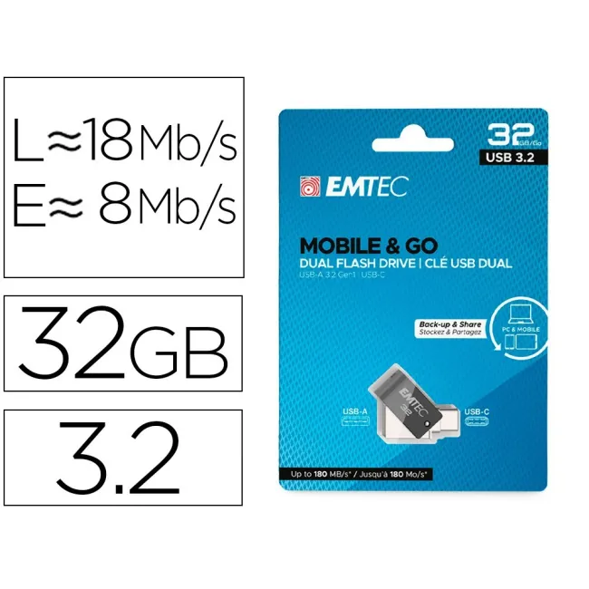 MEMORIA EMTEC USB 3.2 DUAL MOBILE & GO TYPE-C /USB 32 GB