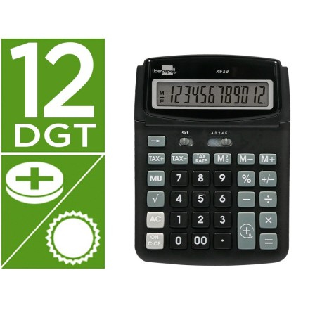 CALCULADORA LIDERPAPEL SOBREMESA XF39 12 DIGITOS SOLAR Y PILAS COLOR NEGRO 190X140X32 MM 40% RECICLADA
