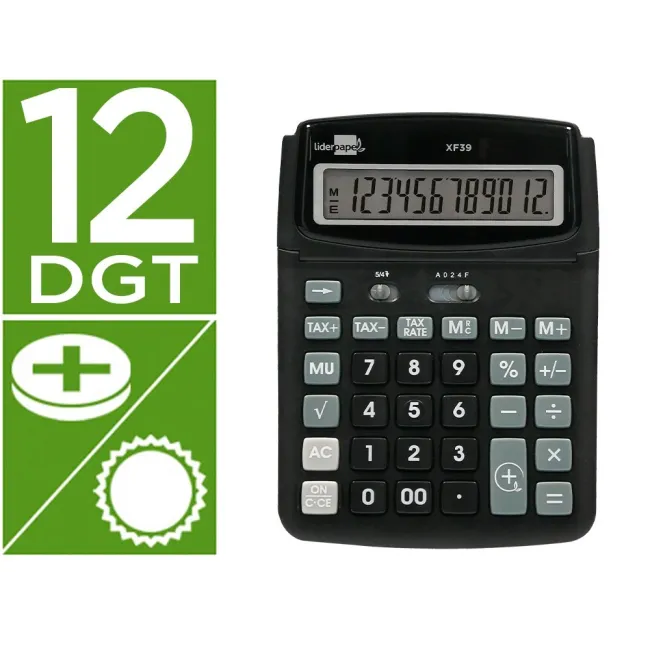CALCULADORA LIDERPAPEL SOBREMESA XF39 12 DIGITOS SOLAR Y PILAS COLOR NEGRO 190X140X32 MM 40% RECICLADA