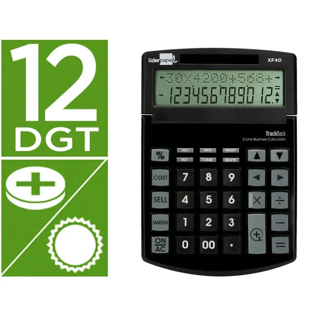 CALCULADORA LIDERPAPEL SOBREMESA XF40 12 DIGITOS DOS LINEAS SOLAR Y PILAS NEGRO 175X120X30 MM 40% RECICLADA