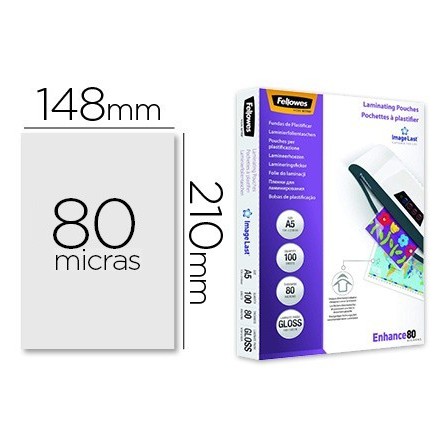 BOLSA DE PLASTIFICAR FELLOWES BRILLO DIN A5 80 MICRAS PACK 100 UNIDADES