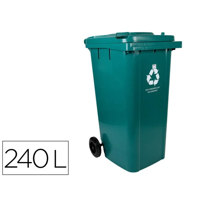 PAPELERA CONTENEDOR Q-CONNECT PLASTICO CON TAPADERA Y RUEDAS 240 LITROS VERDE 1040X620X610 MM