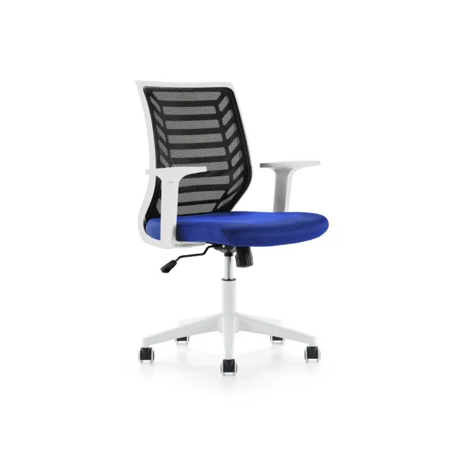 SILLA ROCADA DE OFICINA BRAZOS REGULABLES ESTRUCTURA BLANCA RESPALDO MALLA Y ASIENTO TELA IGNIFUGA AZUL