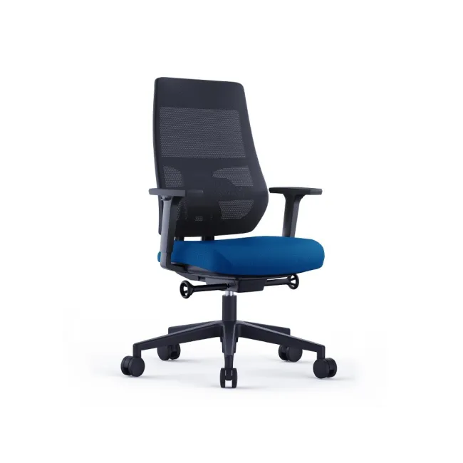 SILLA ROCADA DIRECCION CON BRAZOS REGULABLES BASE POLIMERO RESPALDO DE MALLA Y ASIENTO EN TELA AZUL