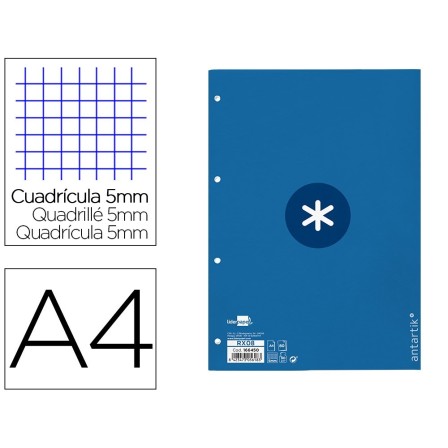RECAMBIO LIDERPAPEL A4 ANTARTIK 80 HOJAS 90G/M2 CUADRO 5MM 4 TALADROS 1 BANDA CON MARCO COLOR AZUL OSCURO