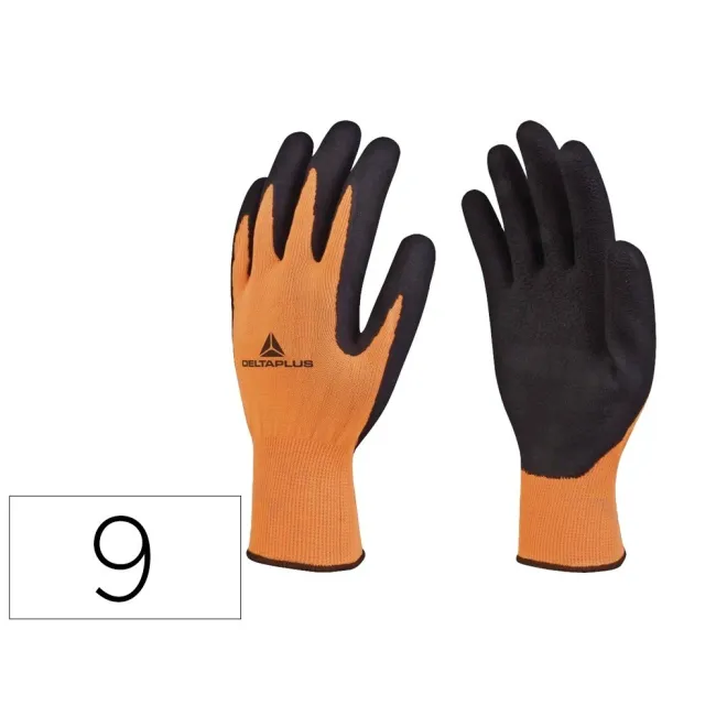 GUANTES DELTAPLUS POLIESTER IMPREGANDO LATEX PALMA Y DEDOS NARANJA FLUOR/NEGRO TALLA 9