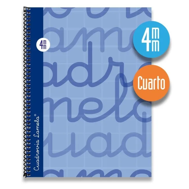 Cuaderno espiral cuarto 80 hojas. Cubierta extra dura AZUL. Cuadrovía 4mm.