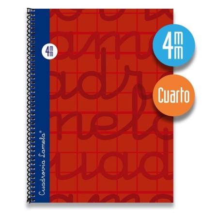 Cuaderno espiral cuarto 80 hojas. Cubierta extra dura ROJO. Cuadrovía 4mm.