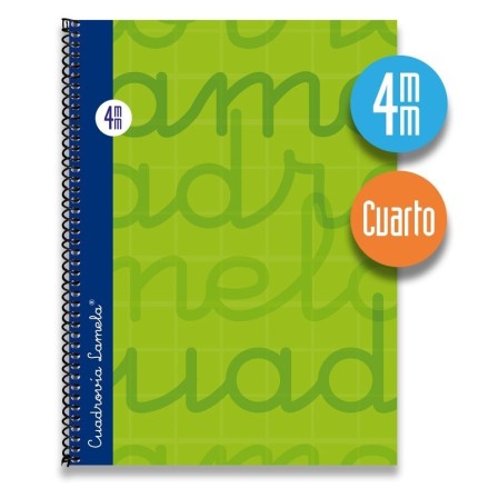 Cuaderno espiral cuarto 80 hojas. Cubierta extra dura VERDE. Cuadrovía 4mm.