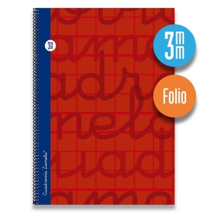 Cuaderno espiral FOLIO 80 hojas. Cubierta extra dura ROJO.  Cuadrovía 3mm.
