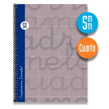 Cuaderno espiral cuarto 80 hojas. Cubierta extra dura GRIS.  Cuadrovía 5mm.