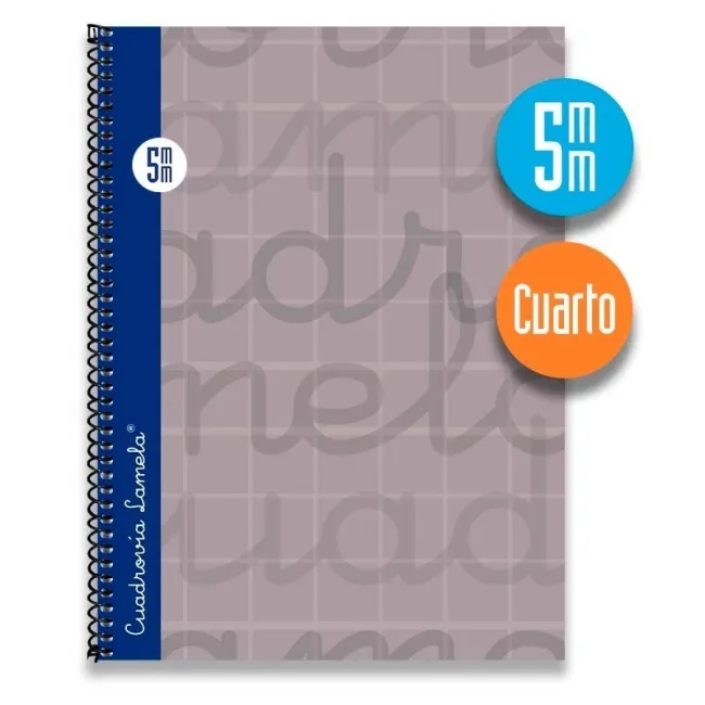 Cuaderno espiral cuarto 80 hojas. Cubierta extra dura GRIS.  Cuadrovía 5mm.