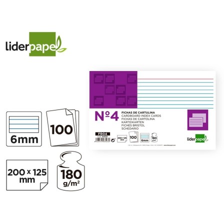 FICHA LIDERPAPEL RAYADA No.4 125X200MM PAQUETE DE 100 180G