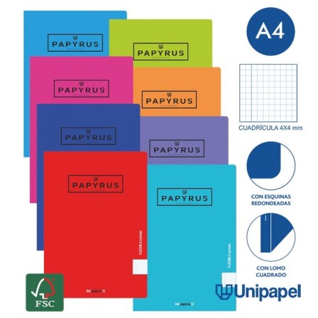 LIBRETAS GRAPA TAPA POLIPROPILENO PAPYRUS - A4 - 48H - CUADRÍCULA 4X4 - 90G - COLORES SURTIDOS
